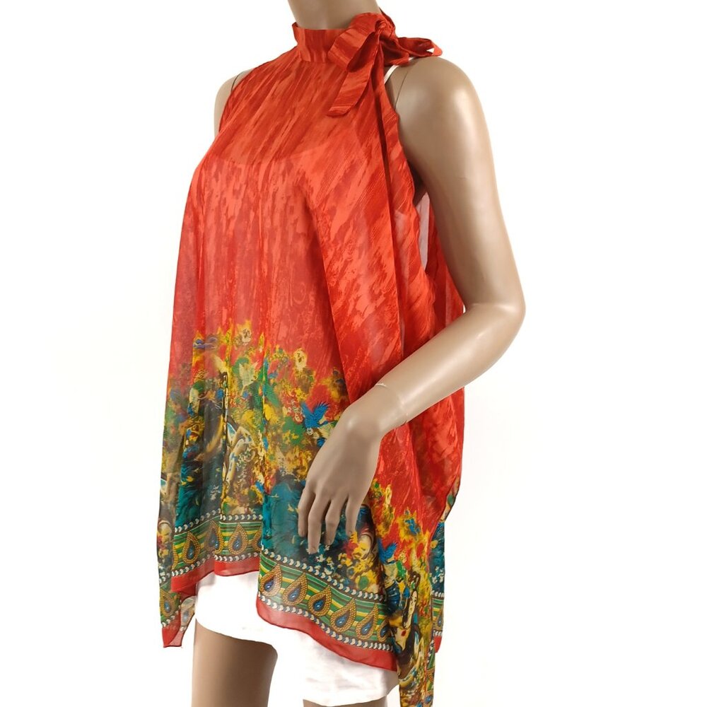 METROSTYLE Coverup Tie Neck Cold Shoulder Boho Print Chiffon Poncho 1 Size - Picture 4 of 5